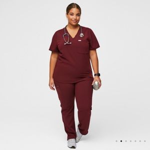 FIGS Scrubs Burgundy Set - Catarina One-Pocket Scrub Top and Yola Skinny Pants